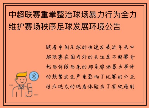 中超联赛重拳整治球场暴力行为全力维护赛场秩序足球发展环境公告